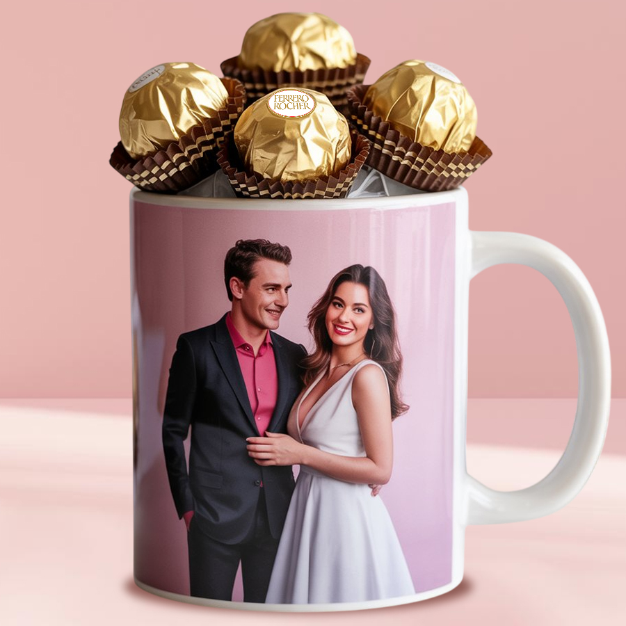 Ferrero Rocher bouquet in a personalized magic mug, featuring 8 chocolates and a custom photo.