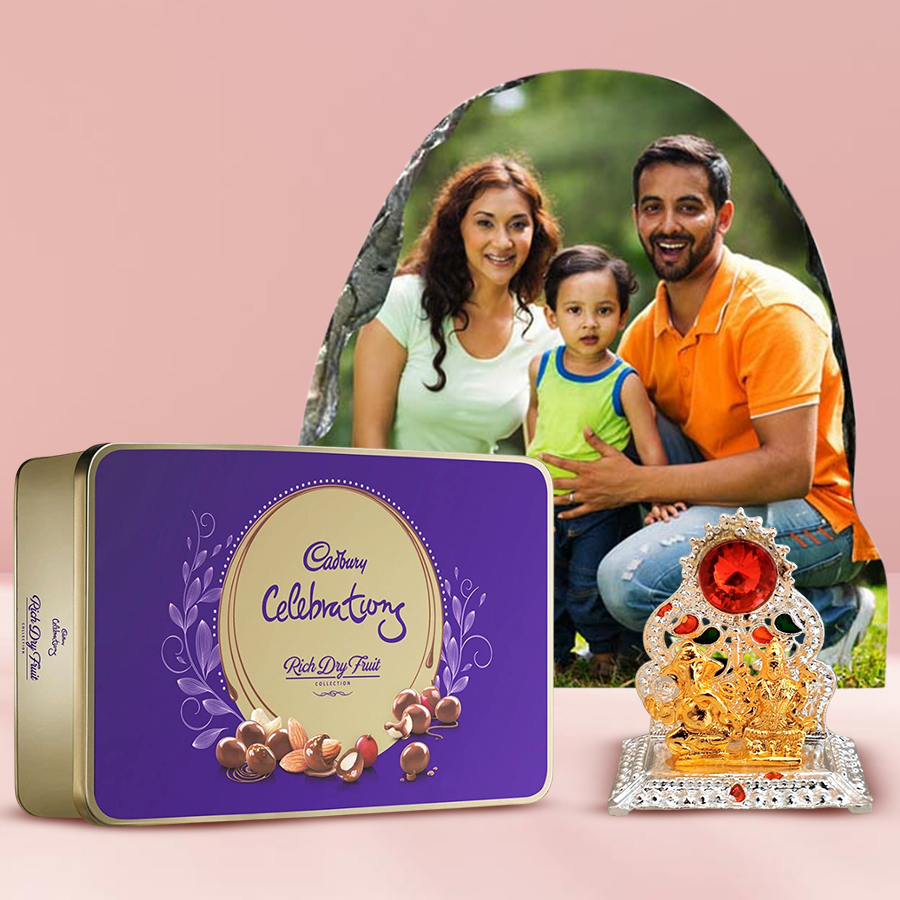 Personalized Anniversary Love Celebration Gift Hamper with photo stone, dry fruits, and Ganesh Laxmi mandap.