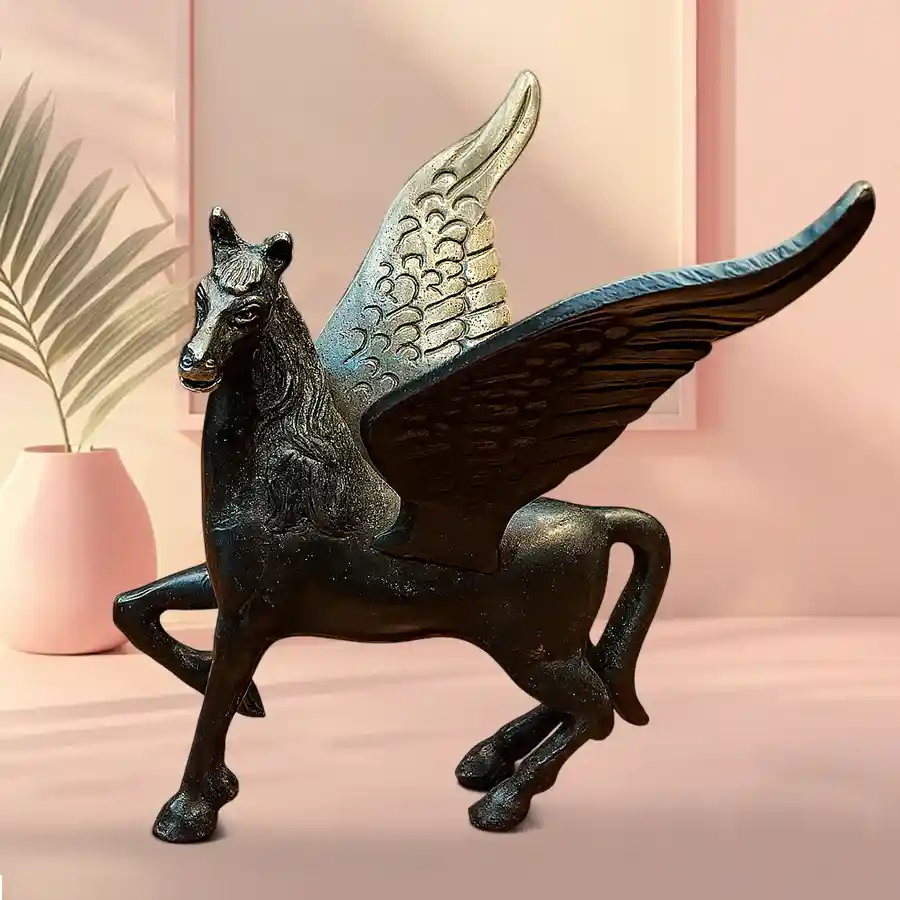 Brass Flying Angel Horse sculpture with antique finish, symbolizing joy and elegance, measuring 12.7cm x 15.2cm x 10.2cm.