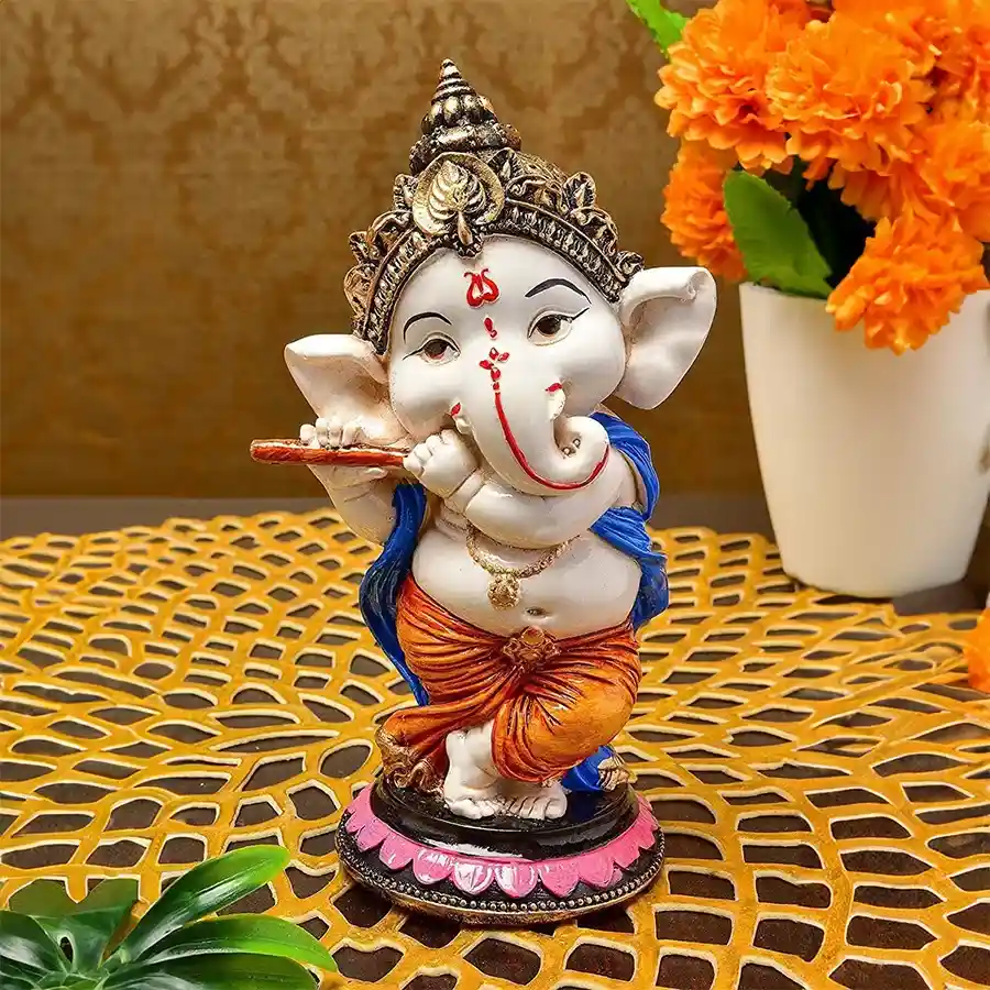 Vibrant blue and orange Lord Ganesha polyresin sculpture, symbolizing joy and prosperity.