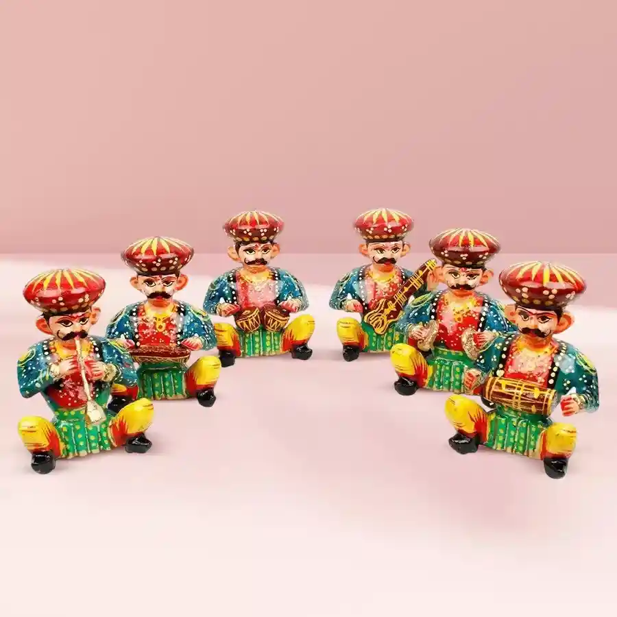 A colorful set of 6 wooden Rajasthani musician figures ideal for home decor and celebrations.
