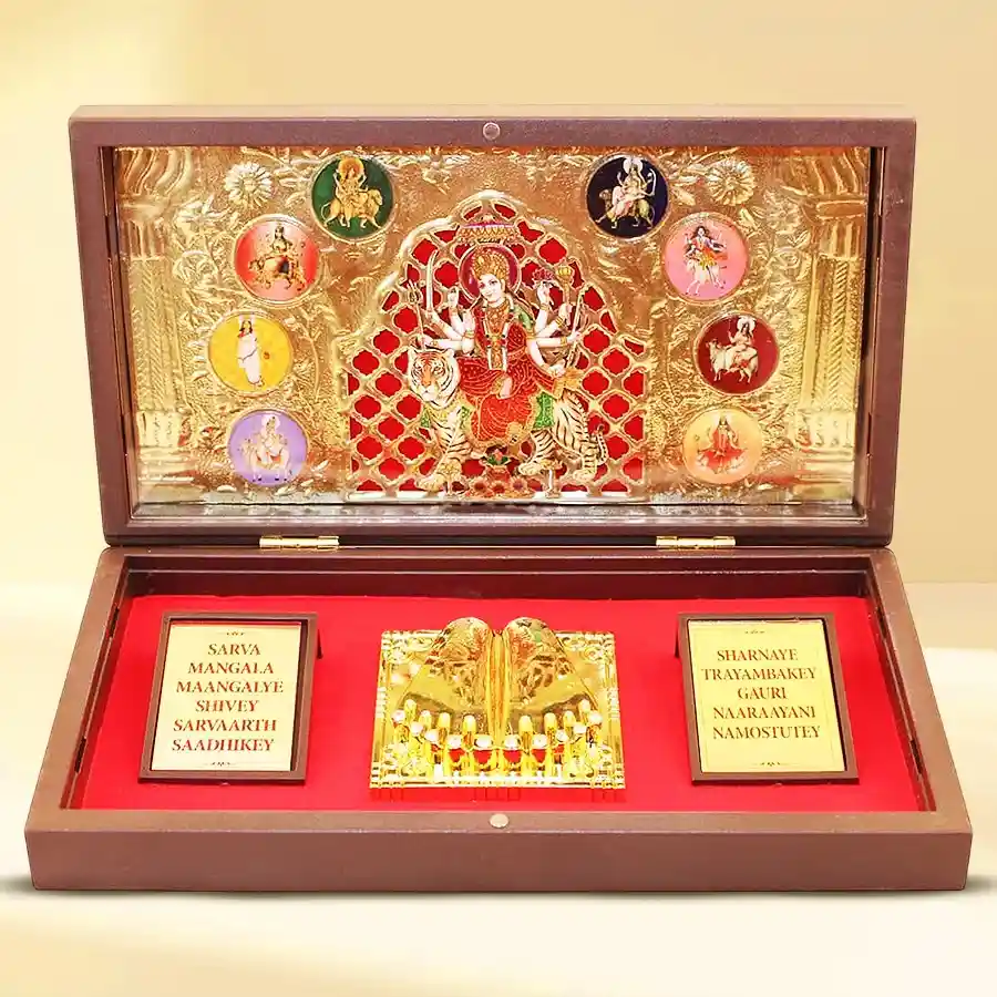 Exquisite NavDurga Gold Plated Photo Frame with Charan Paduka, beautifully designed for table or wall display, enhancing the ambiance of any space.