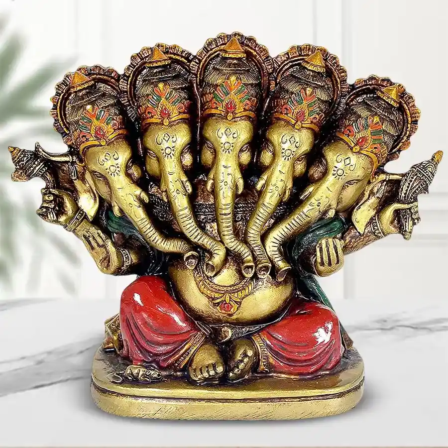 Colorful Panchmukhi Lord Ganesha Resin Idol, a symbol of joy and positivity, perfect for gifting and home decor.