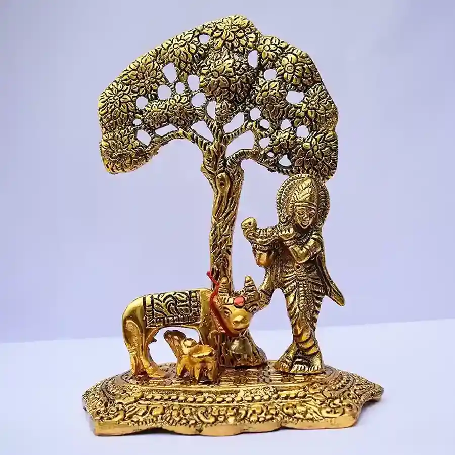 Blissful Golden Krishna Idol accompanied by Kamdhenu Cow, crafted from metal, perfect for gifting and home decor.