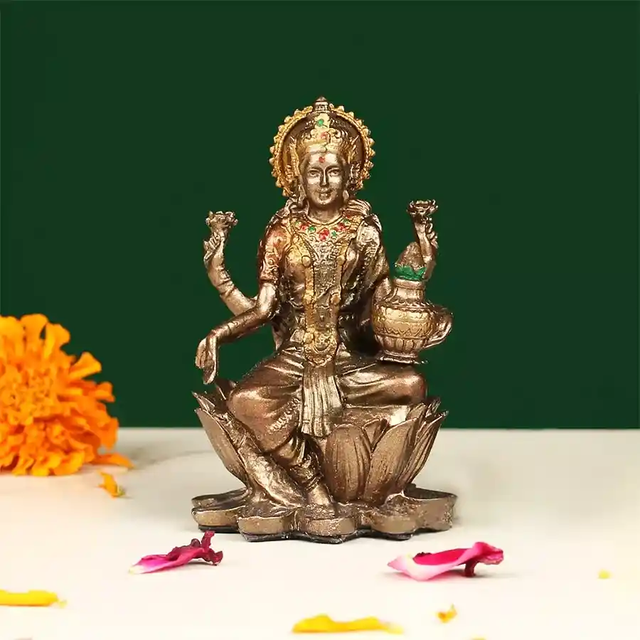 Colorful Goddess Lakshmi Idol in polyresin, symbolizing prosperity and blessings.