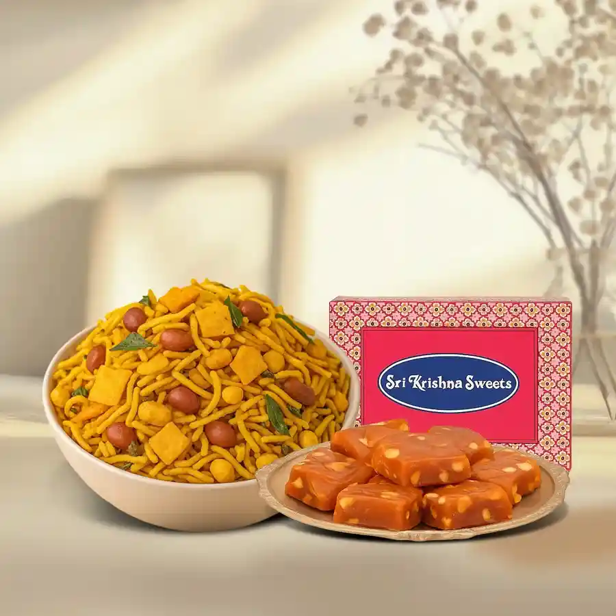 Bombay Bliss combo featuring sweet Halwa and crunchy Bombay mixture, perfect for festive occasions and snacking.