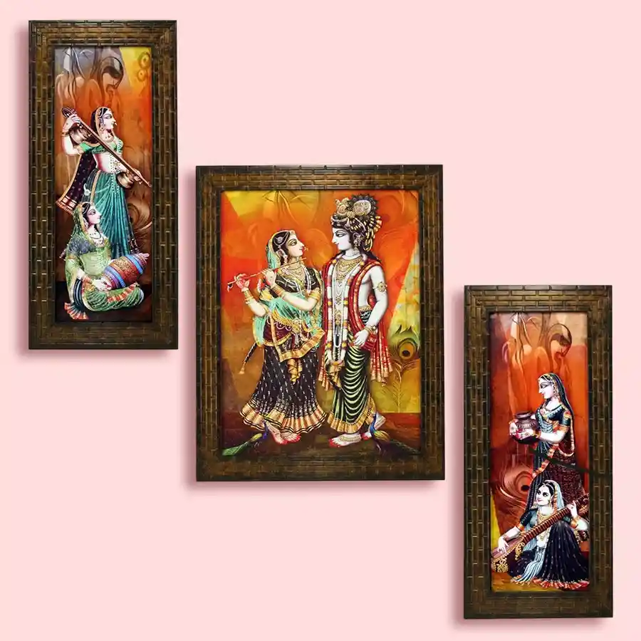 Colorful gift set featuring three Radha Krishna paintings on engineered wood, designed to brighten any room.