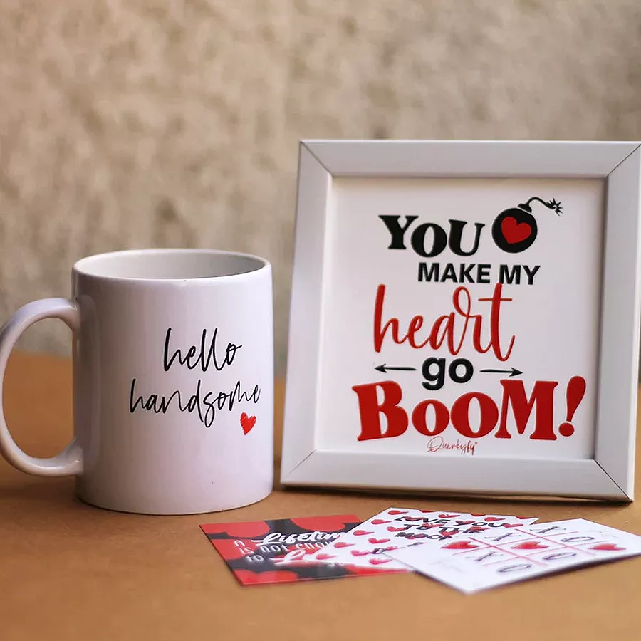 Heartfelt Valentine’s Keepsake Box with ceramic mug, wall frame, and love notes.