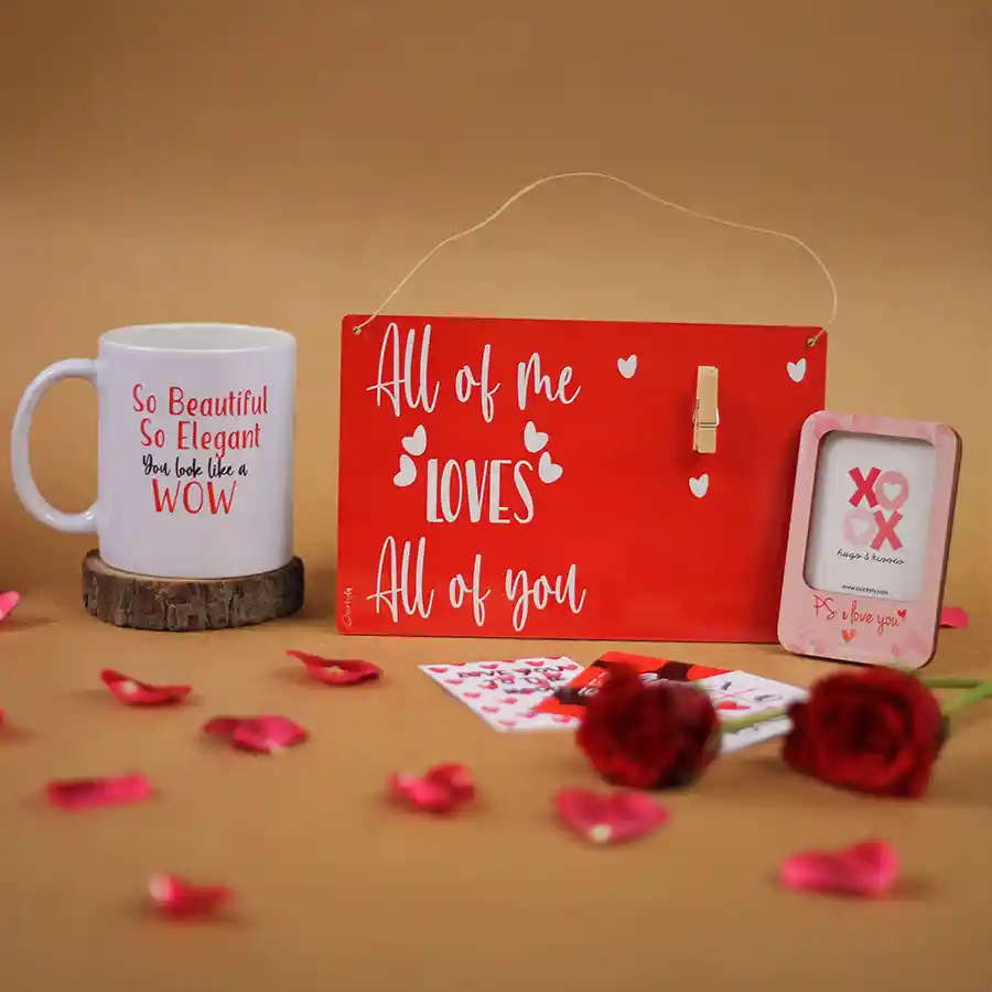 Heartfelt Valentine’s Gift Collection featuring a ceramic mug, clip frame, photo frame magnet, and Valentine cards.