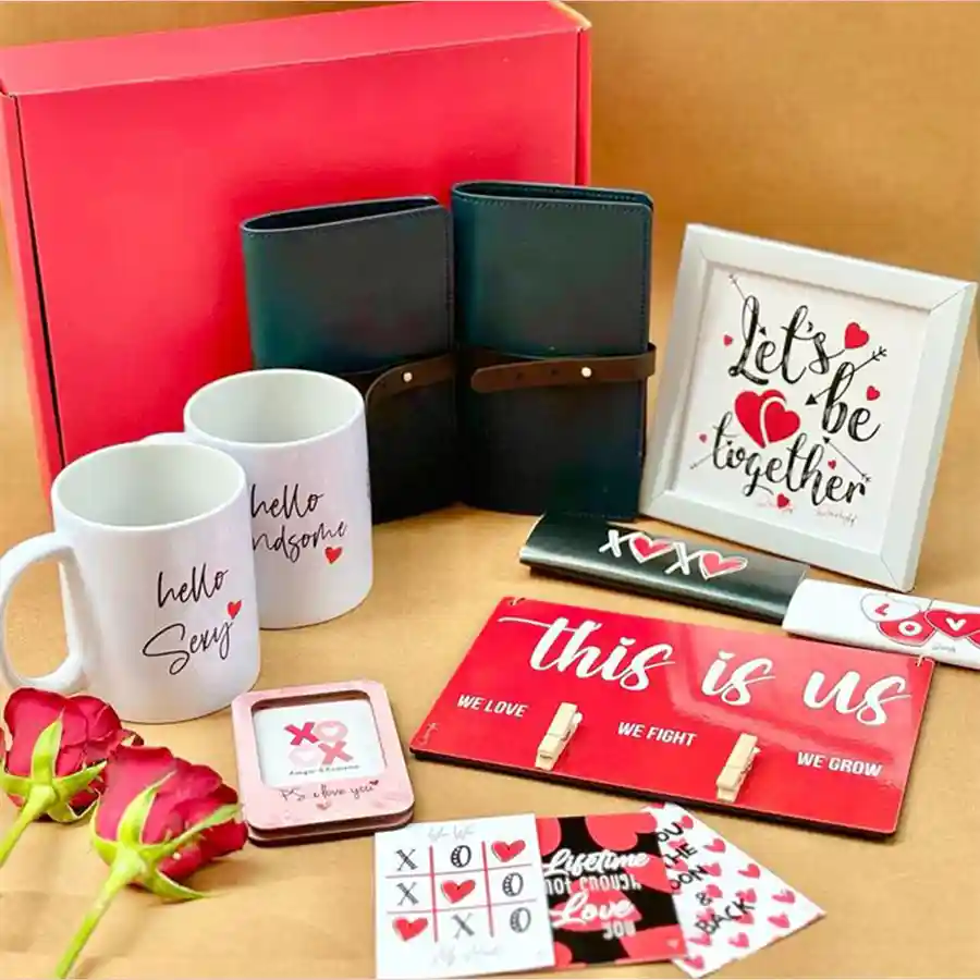 Heartwarming Valentine’s Day Gift Set featuring passport covers, mugs, and frames.
