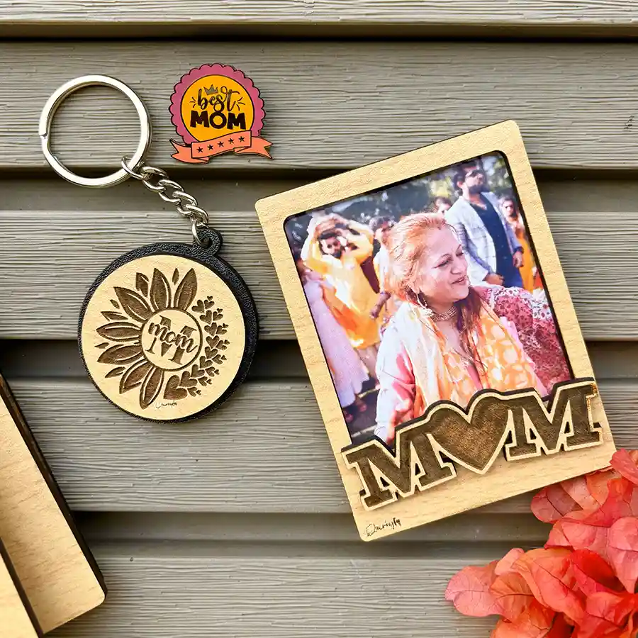 Heartfelt Mother's Day Gift Collection featuring a personalized magnet frame, premium lapel pin, and keychain.