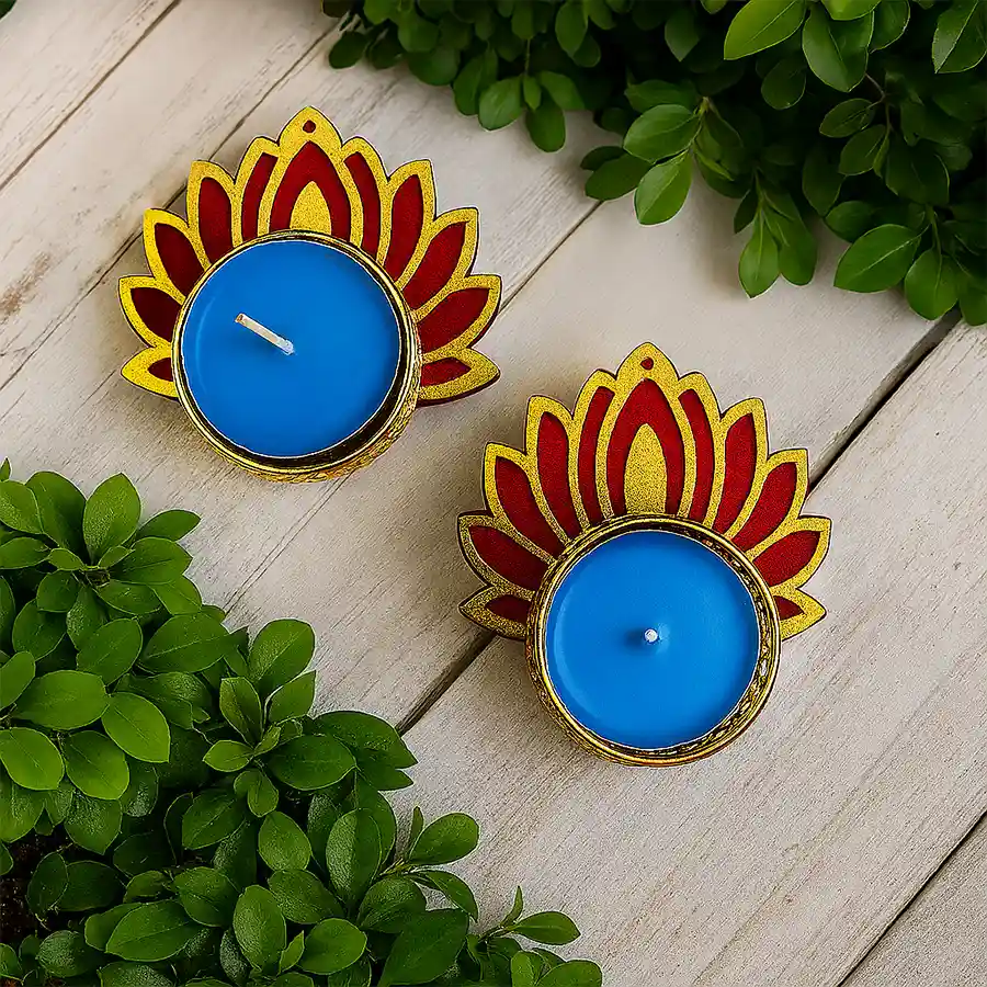 Elegant set of MDF Lotus Diyas designed for indoor and outdoor use, adding a serene glow to any space.