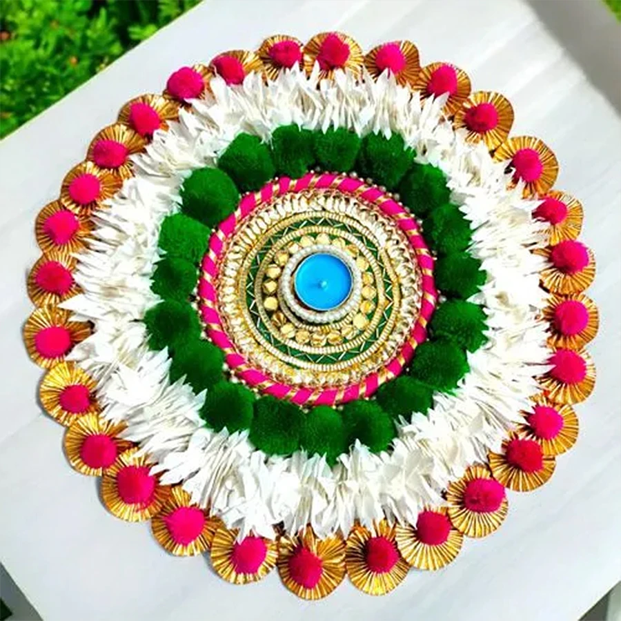 Illuminated Elegance Rangoli Mat with embedded diya, 14 inches.