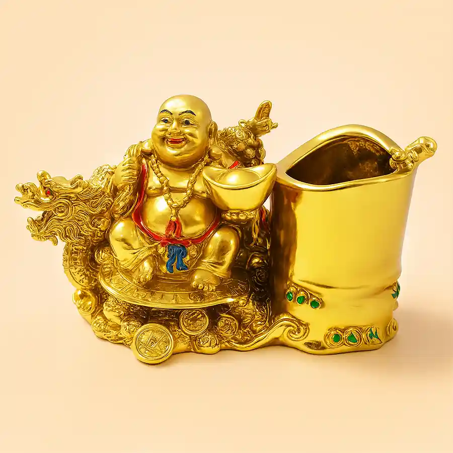 Unique Laughing Buddha Pen Stand symbolizing luck and prosperity.