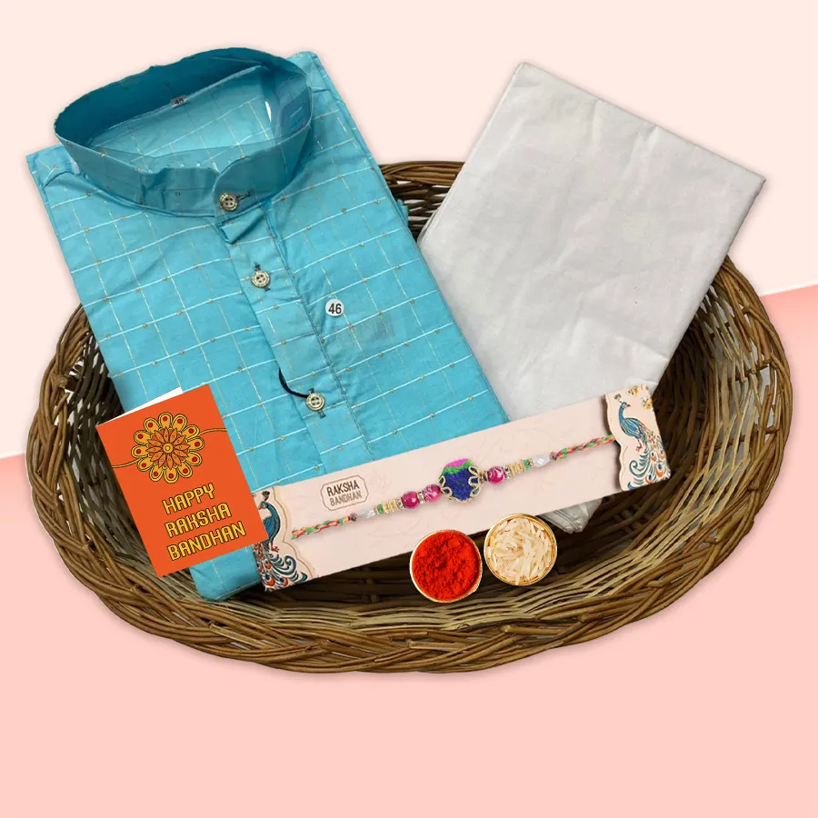Pure Cotton Kurta Pyjama Set with free Rakhi, Roli, Tilak, and Chawal for Raksha Bandhan celebration