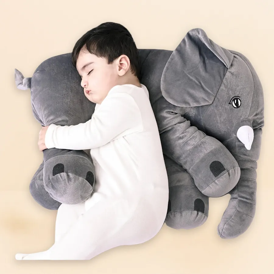 Adorable snuggly grey baby elephant pillow for infants, crafted in soft Nylex fabric, perfect for cozy nursery settings.