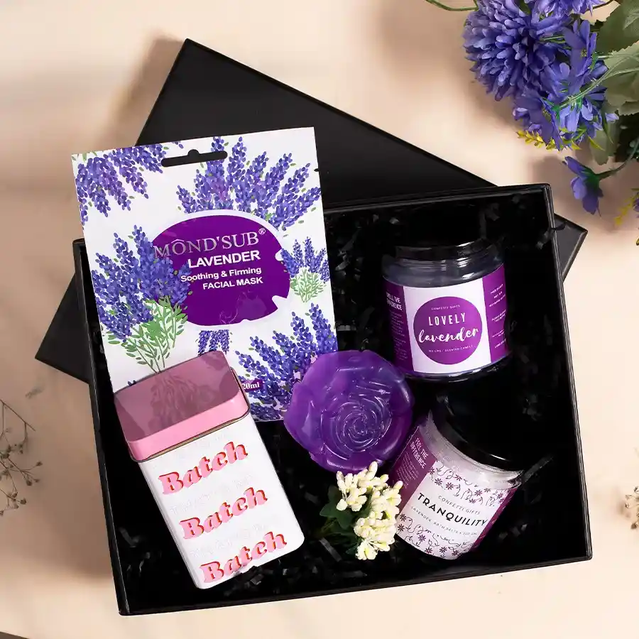 Lavender Love Gift Basket containing lavender-themed products and treats, beautifully presented in a black signature box.