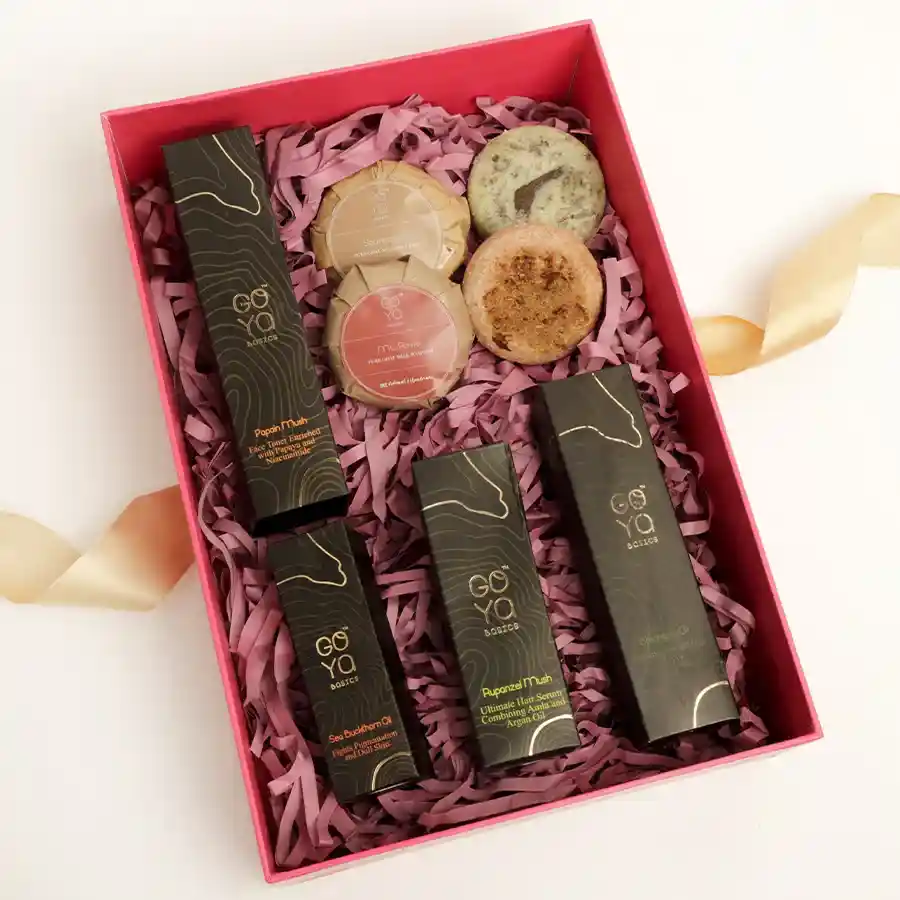 Ultimate Radiance Beauty Gift Box featuring goat milk soaps and nourishing oils for glowing skin.