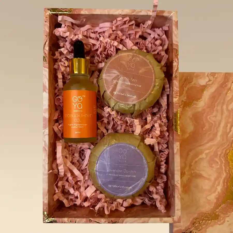 Radiant Glow Skin Gift Set showcasing Beet-Blush Goat Milk Soap, Seabuckthorn Face Oil, and Cinna-hon Goat Milk Soap for luminous skincare.