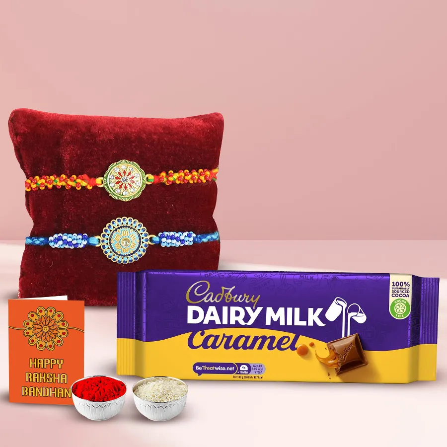 Cadbury Caramel Box with two decorative Rakhis displayed alongside