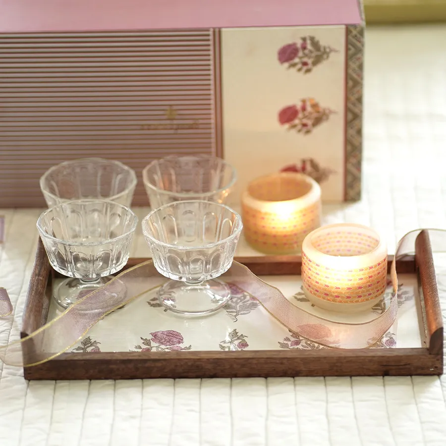 Sweet Moments Dessert Set including ice-cream bowls, glasses, and a T-Light holder for a delightful dessert experience.