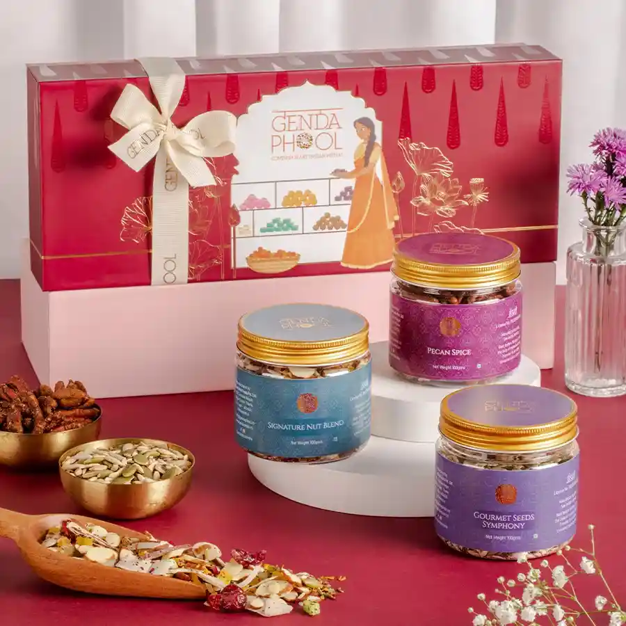 Artisan Nutty Treats Hamper featuring gourmet nuts, pecan spice, and seeds.