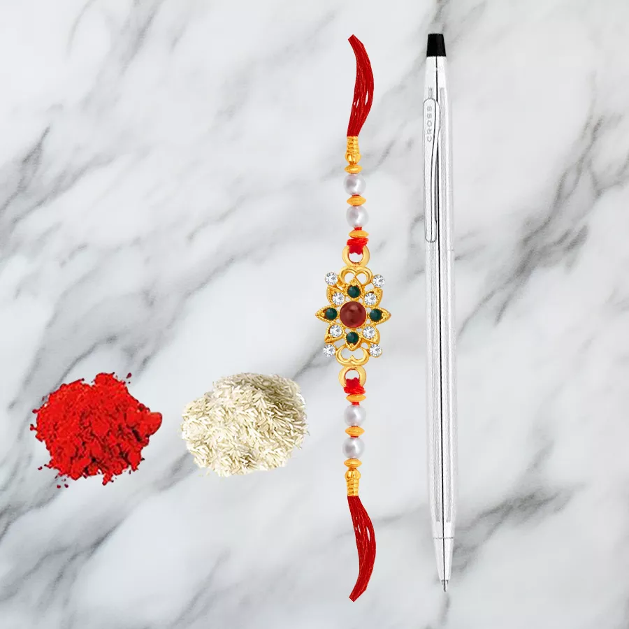 Cross Pen alongside a beautifully crafted Rakhi, symbolizing the bond of siblings for Raksha Bandhan.