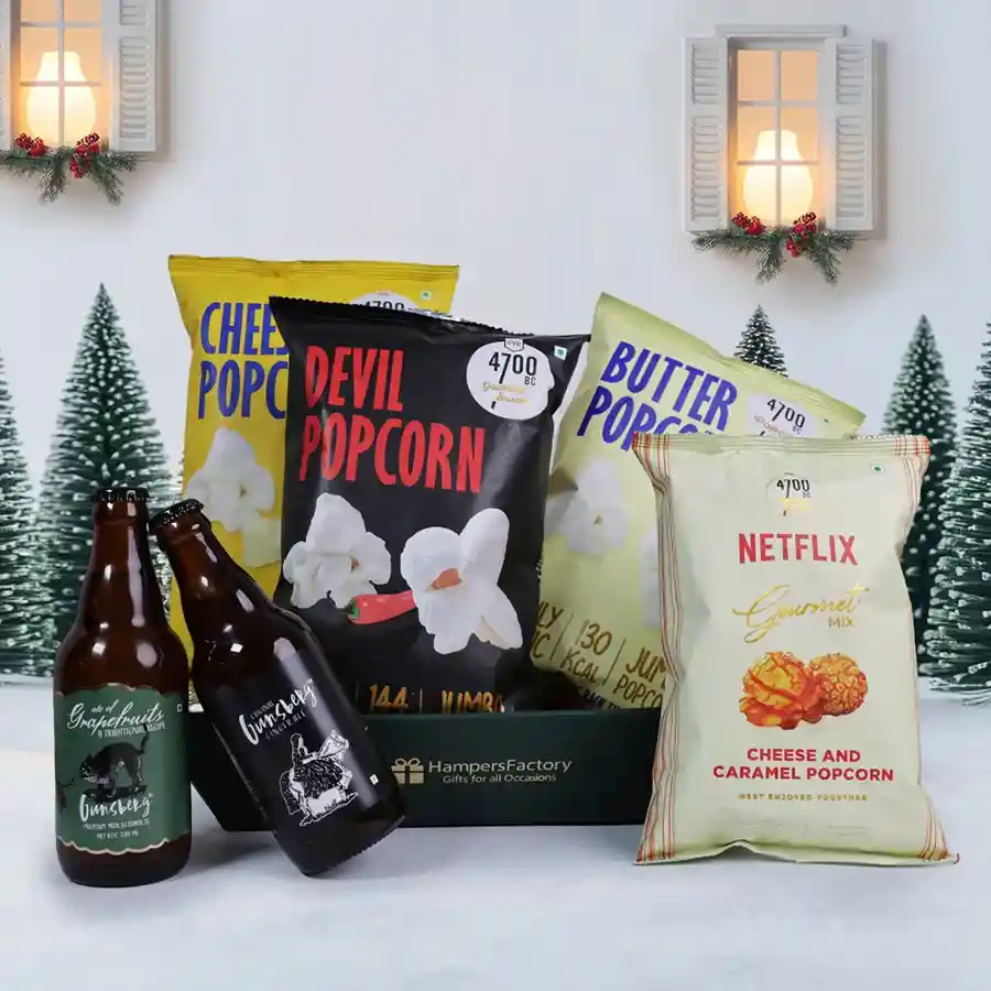 Popcorn Paradise for Movie Buffs featuring gourmet popcorn and drinks in a reusable basket.