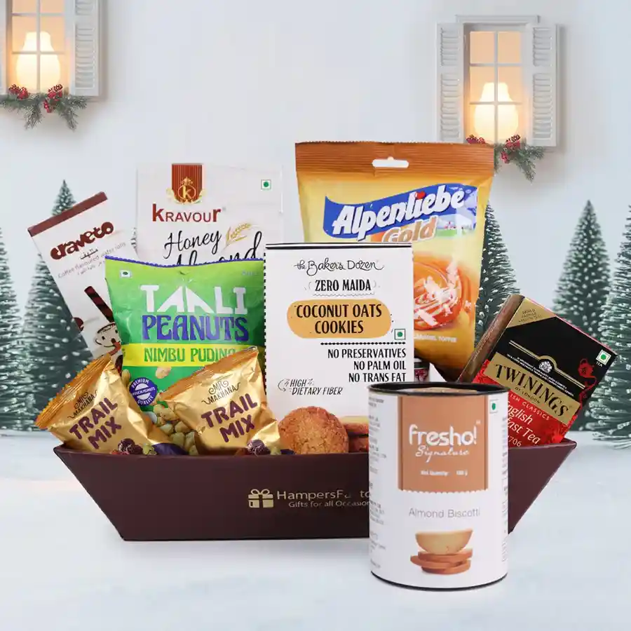 Festive Gourmet Delight Basket filled with assorted treats including cookies, toffee, snacks, and tea, beautifully arranged in a reusable basket.
