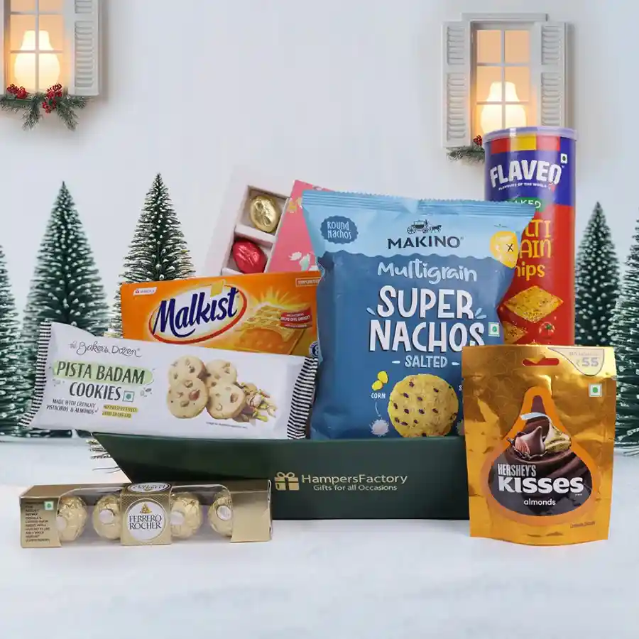 A festive basket filled with assorted chocolates, savory snacks, and delicious cookies, perfect for holiday gifting or personal indulgence.