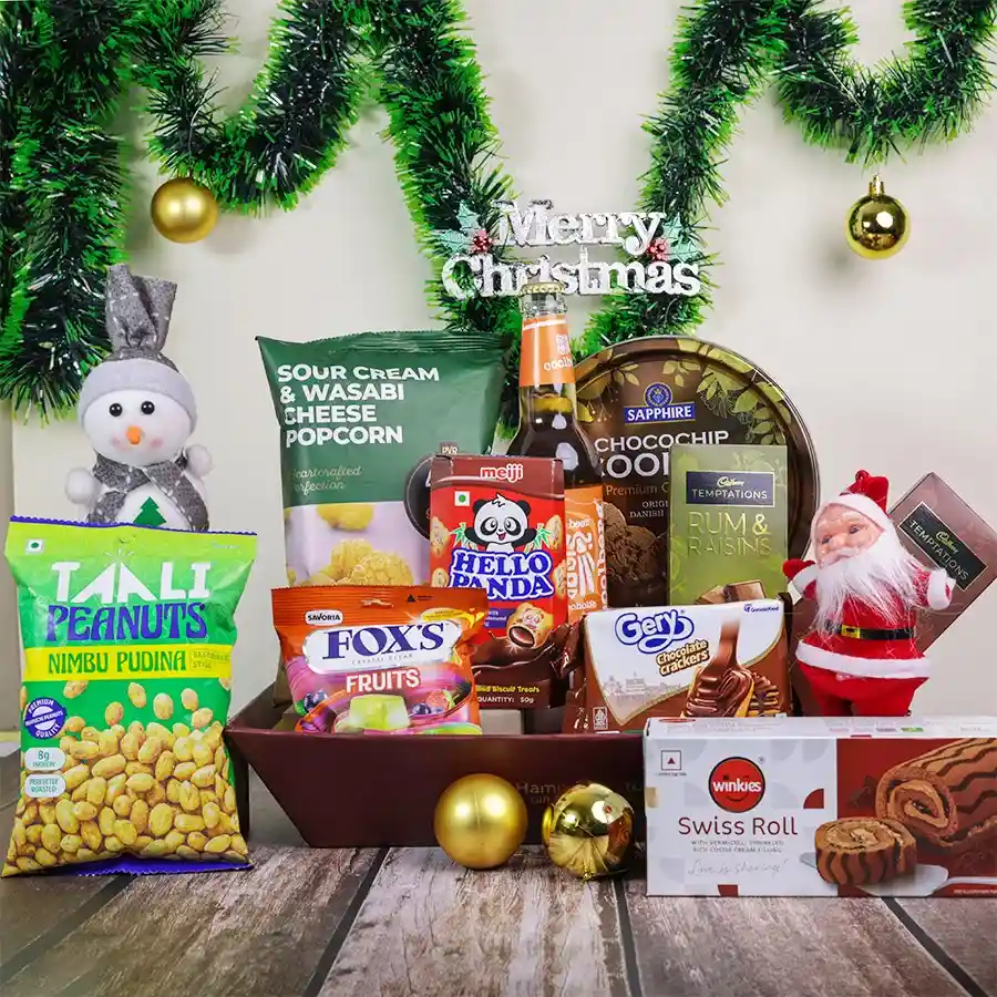 Festive Flavors Celebration Hamper filled with festive treats and snacks for Christmas gifting.