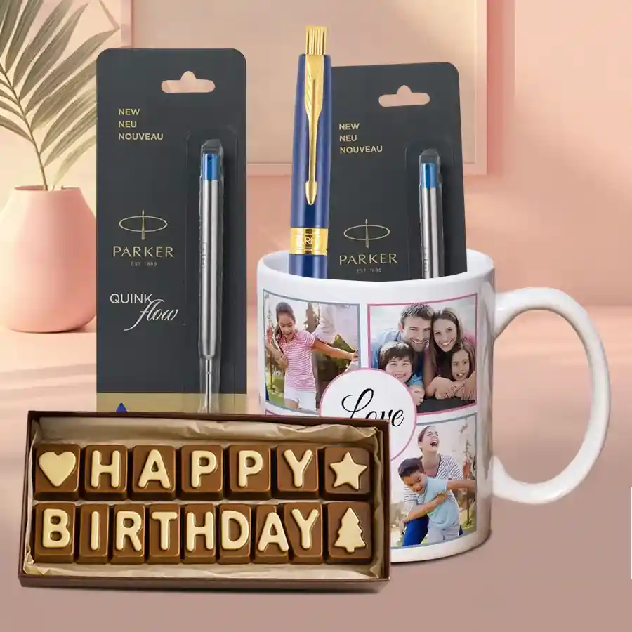 Marvelous Parker Pen with personalized mug and handmade chocolates set.