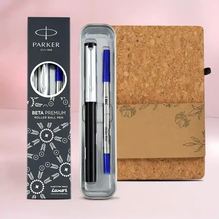 Parker Moments Beta Rollerball Pen paired with eco-friendly diary planner.