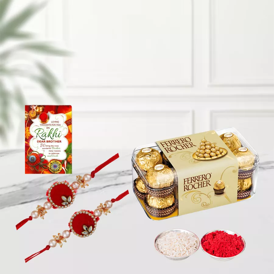 Delicious Ferrero Rocher chocolates with two beautiful Rakhis, a Rakhi message card, Roli, and Chawal for Raksha Bandhan celebration