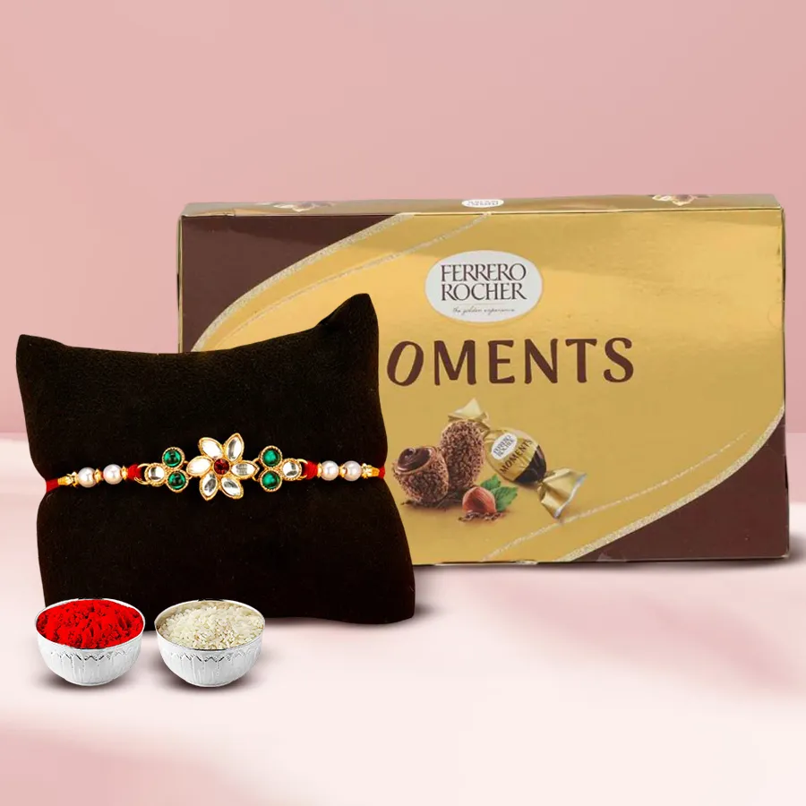 16-piece Ferrero Rocher chocolate set with a designer Rakhi and Roli Tilak Chawal for Raksha Bandhan celebration
