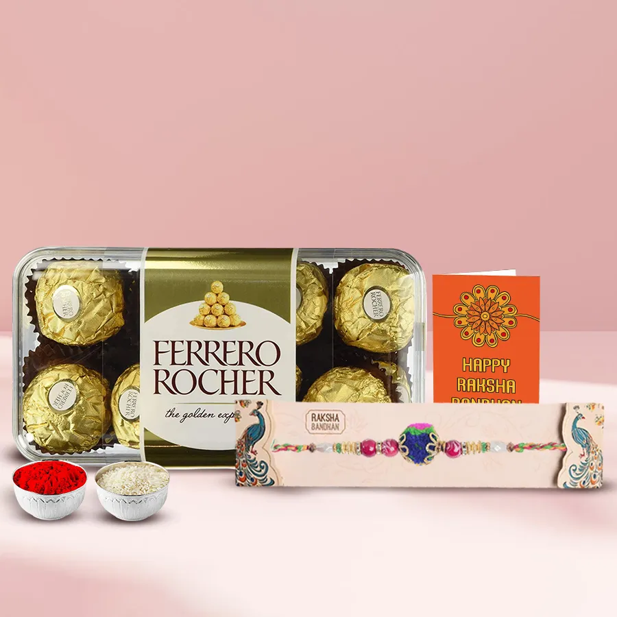 Ferrero Rocher Chocolate Delight pack with 16 chocolates and a decorative Rakhi, Roli, Tika, and Chawal for Raksha Bandhan celebration