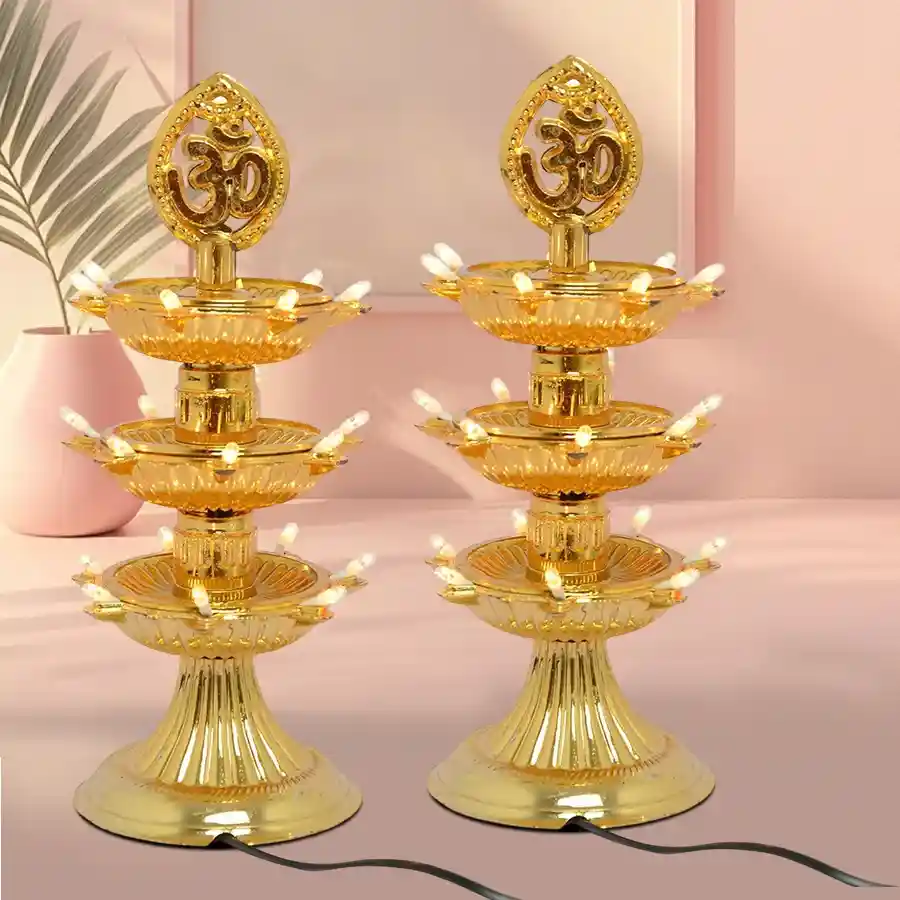 Elegant Golden Glow Dual LED Diya Set with LED Bulb Lights.