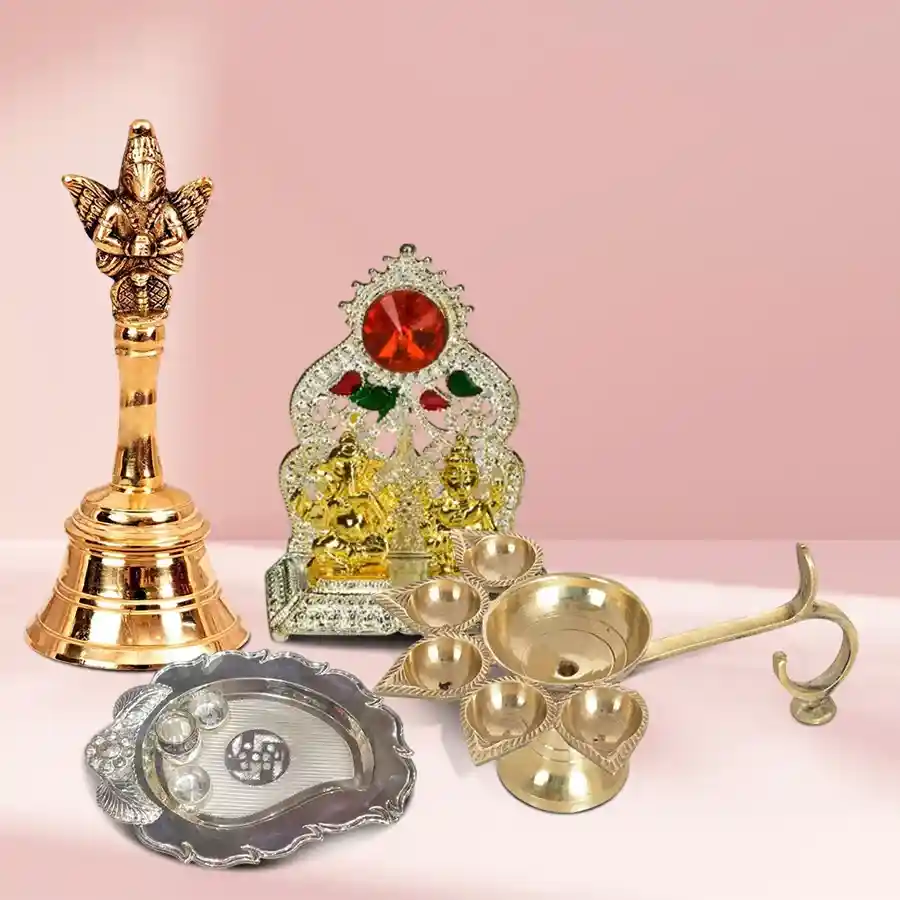 Exquisite Divine Brass Pooja Set with Diya, Ghanti, and Thali.