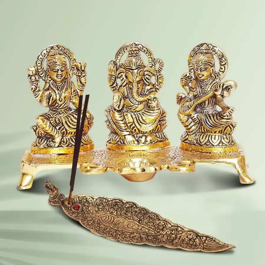 Heartfelt Diwali Blessings Ensemble featuring Laxmi Ganesh Saraswati idol, decorative platter, diya, and agarbatti stand. Perfect for gifting during Diwali.