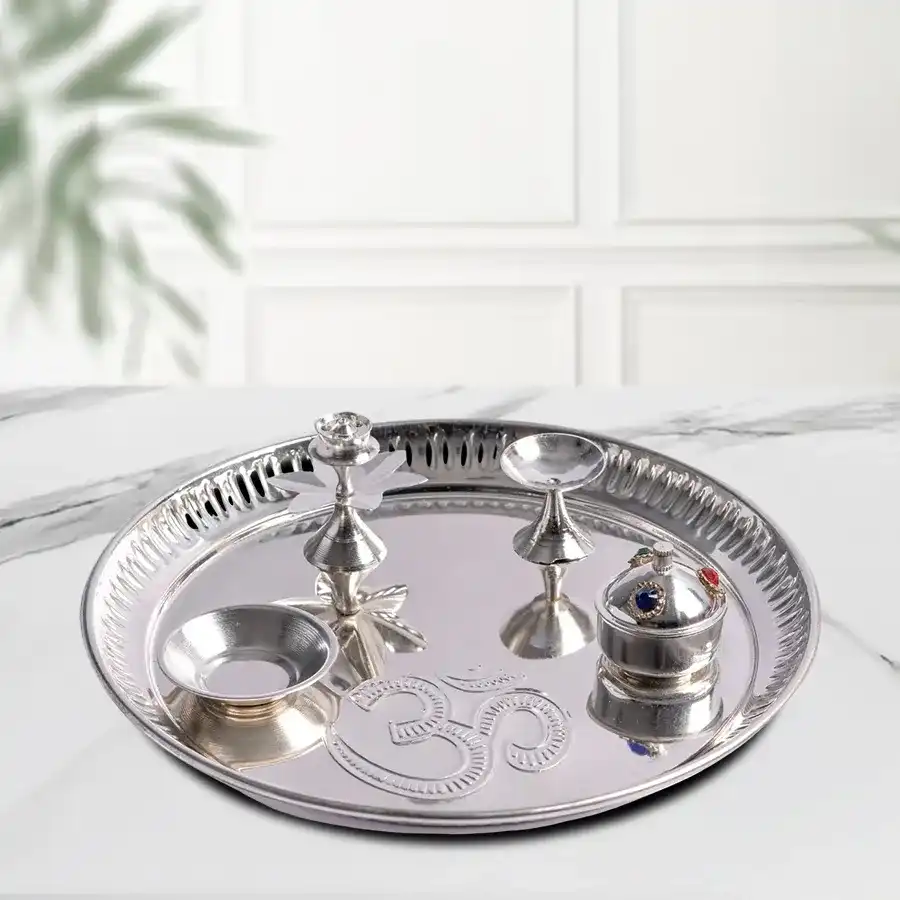 - Silver-Plated Traditional Pooja Thali Set- Material: Metal- Color: Silver Plated