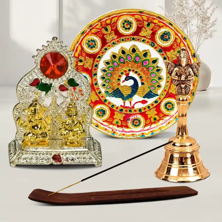 Auspicious Puja Hamper featuring Ganesh Laxmi Mandap, Meenakari Thali, Garuda Ganti, and Wooden Agarbatti Stand.