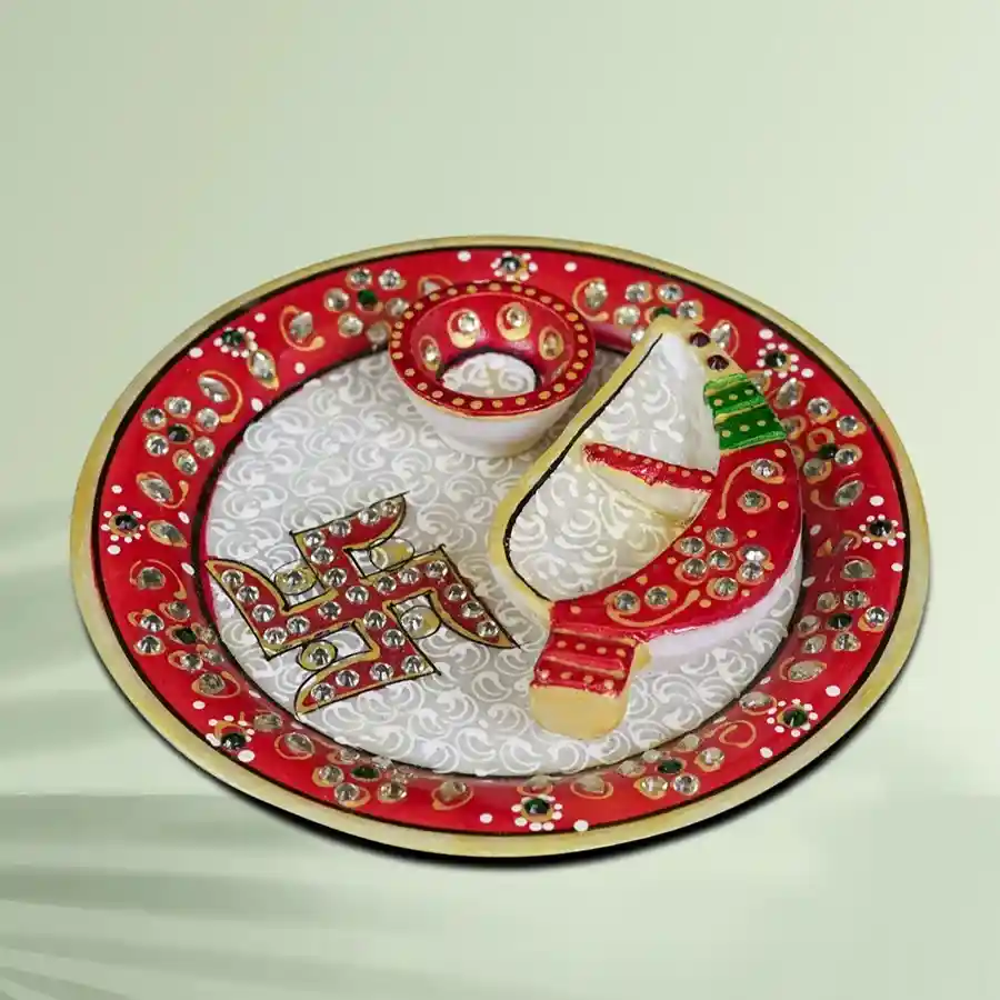 Radiant marble Pooja thali set with diya and chopda, vibrant colors, 6-inch round decorative piece for festive celebrations.