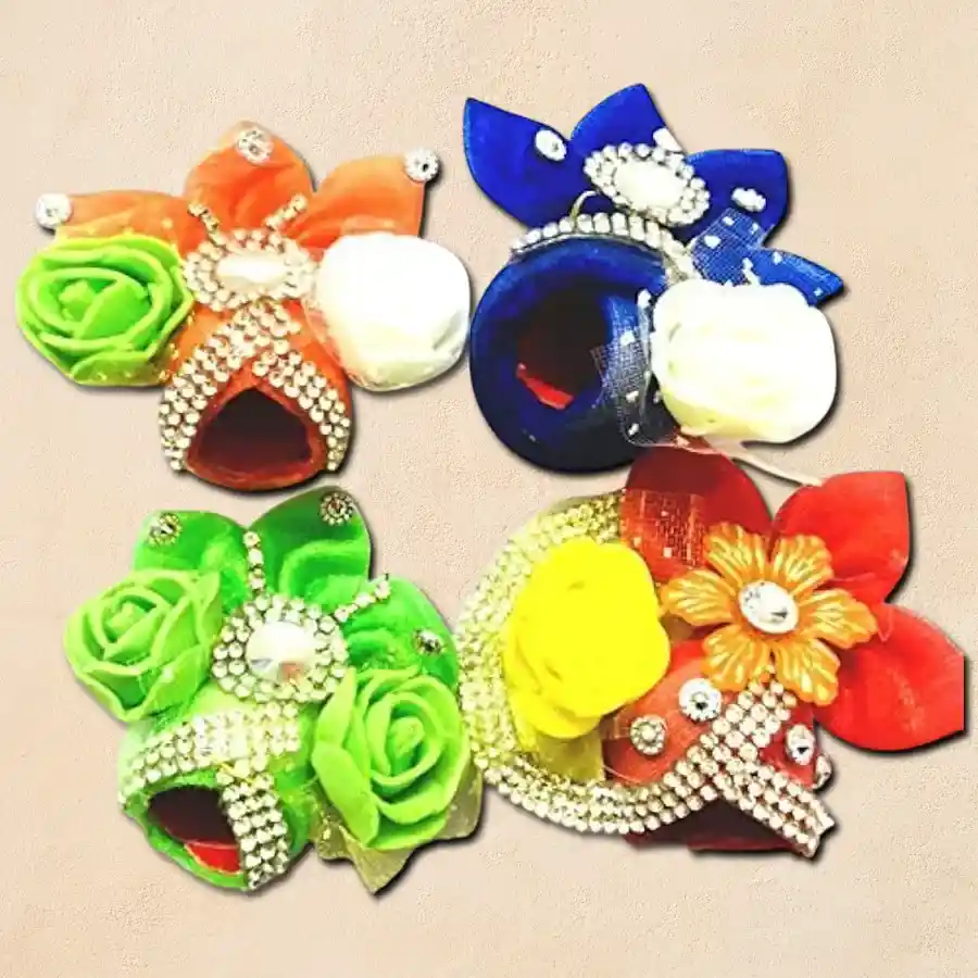 Set of 4 multicolor cotton turbans for Laddu Gopal, crafted with Zardoshi detailing.