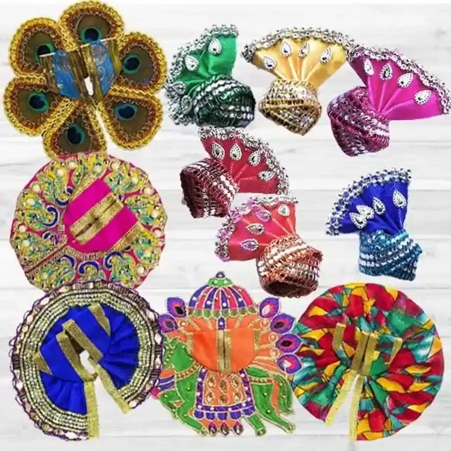 Vibrant pack of 5 Laddu Gopal dresses with jewellery set and 6 multicolor pagdis for festive devotion.