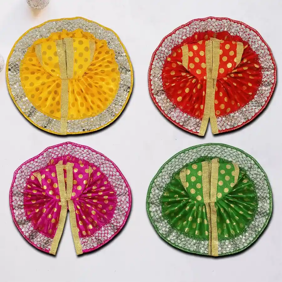 A vibrant set of four handmade cotton dresses for Laddu Gopal, featuring colors like red, yellow, orange, and green. Perfect for festive occasions.