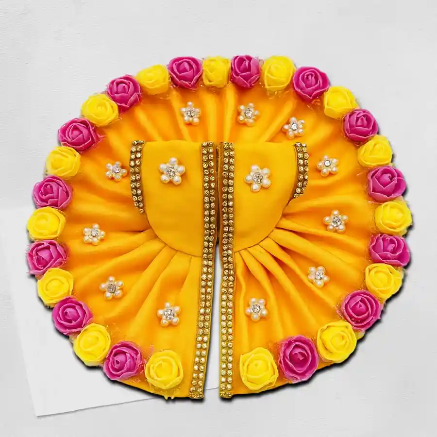 Handcrafted radiant yellow dress for Laddu Gopal, adorned with artificial flowers and American diamonds, made from soft fabric.