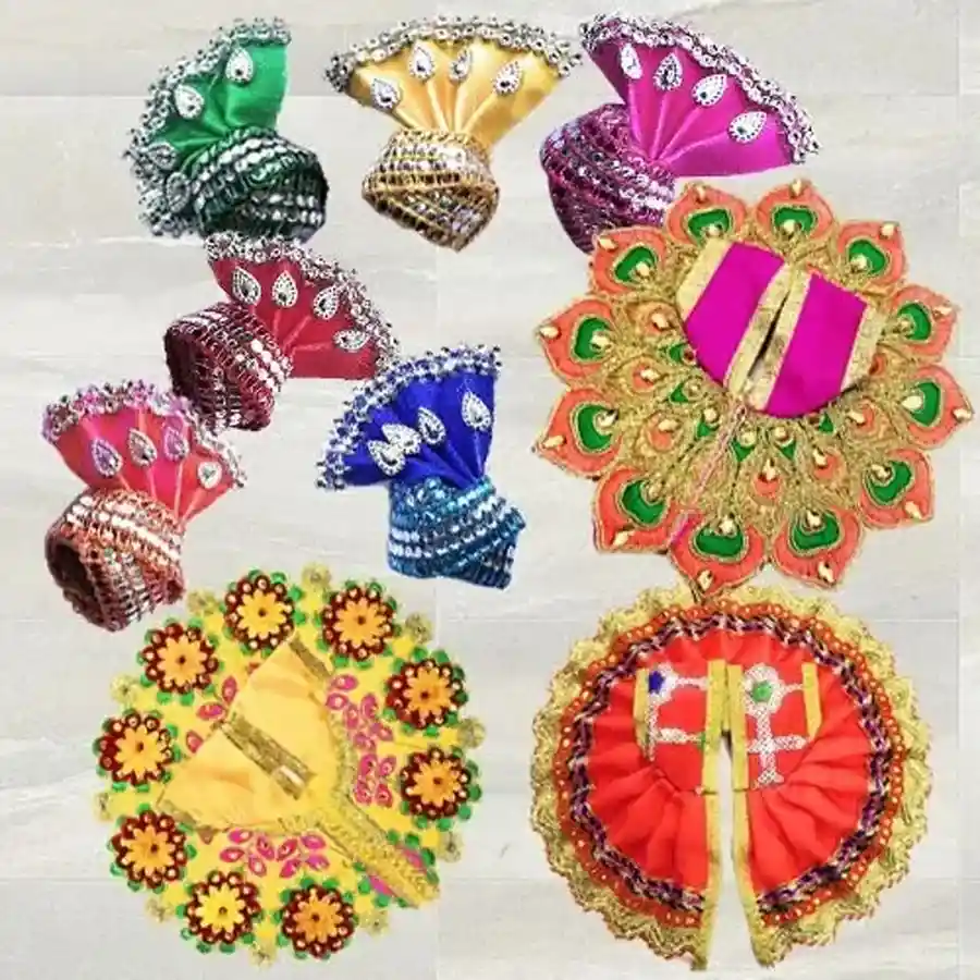 Colorful 3 Pcs Poshak Set with 6 Pcs Pagdi for Laddu Gopal.