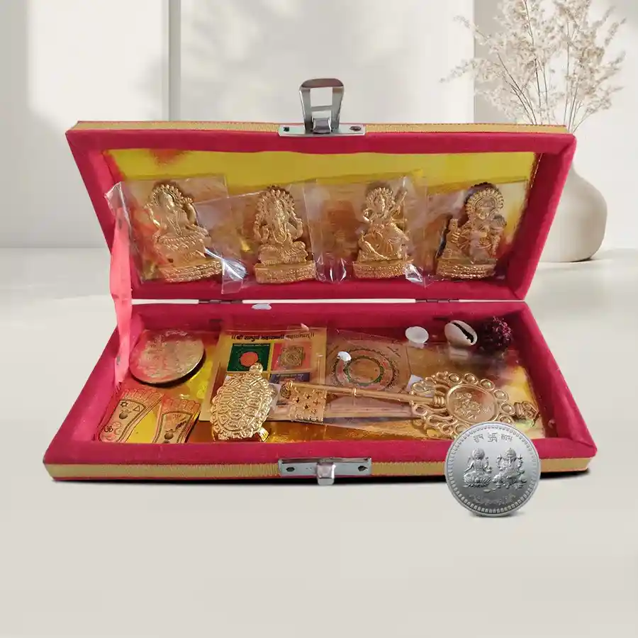 Exclusive Shri Dhan Laxmi N Kuber Bhandari Yantra with a silver coin, ideal for prosperity and good fortune.
