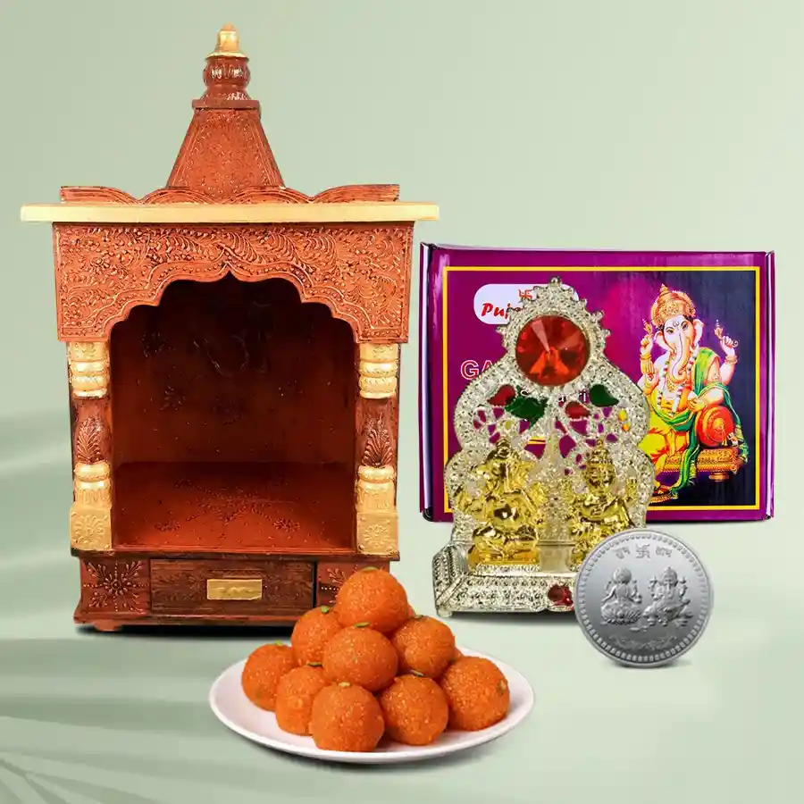 Serene Wooden Temple Gift Set with pooja items and Ghee Ladoos.