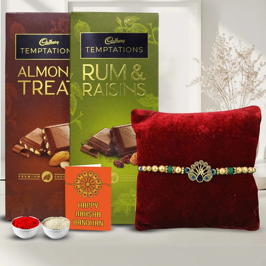 Cadbury Temptations chocolate bars with Rakhi, Roli, Tilak, and Chawal package.